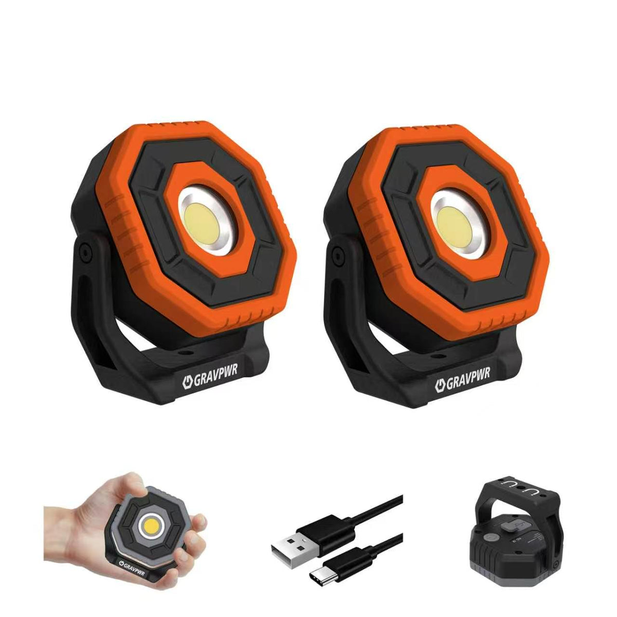 W7-2PCS Work Light,800LM, LED Magnetic Light ,2600mAh Type-C , IP65 IK07