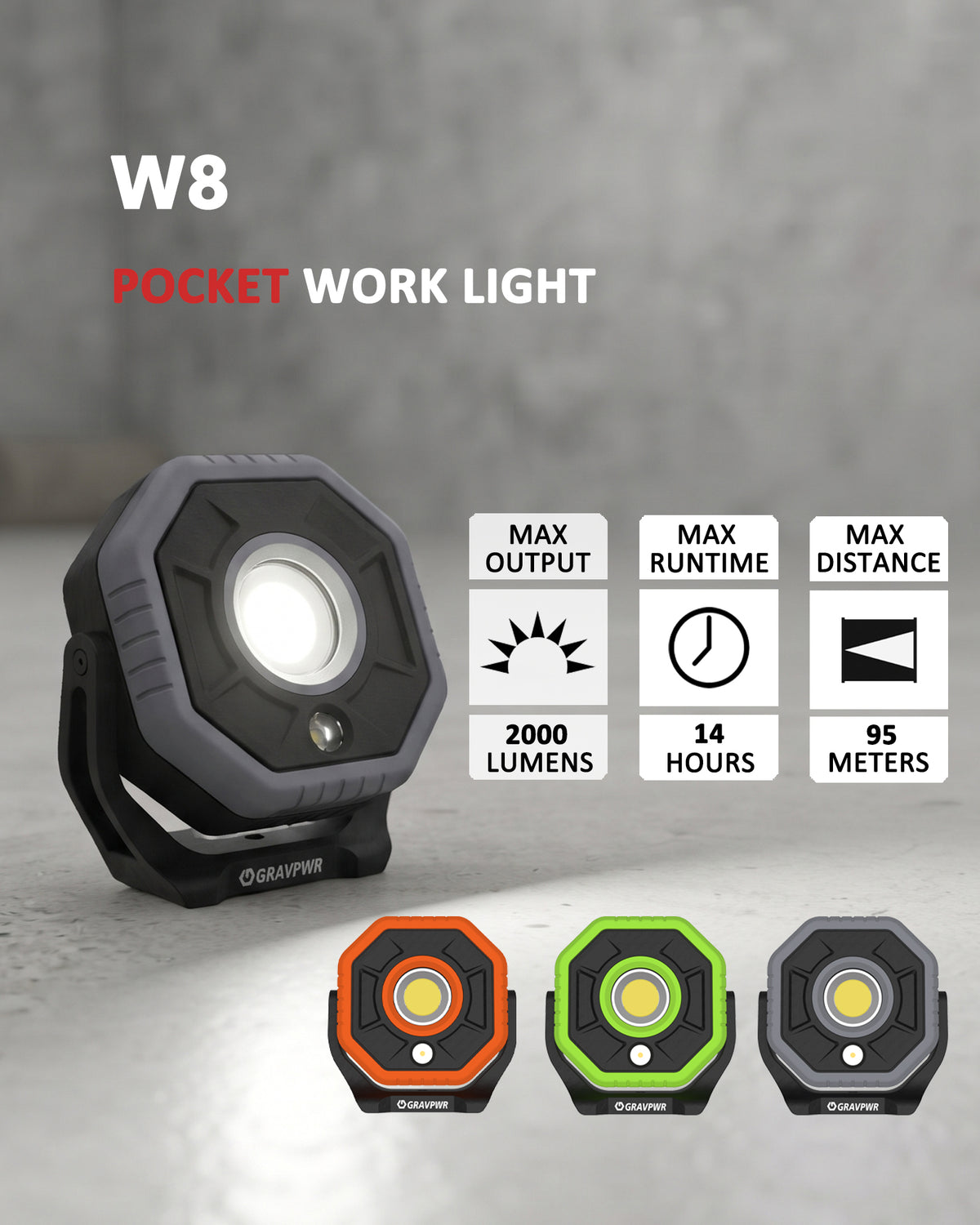 W8 Work Light,2000LM, LED Magnetic Light ,5200mAh Type-C , IP65 IK07