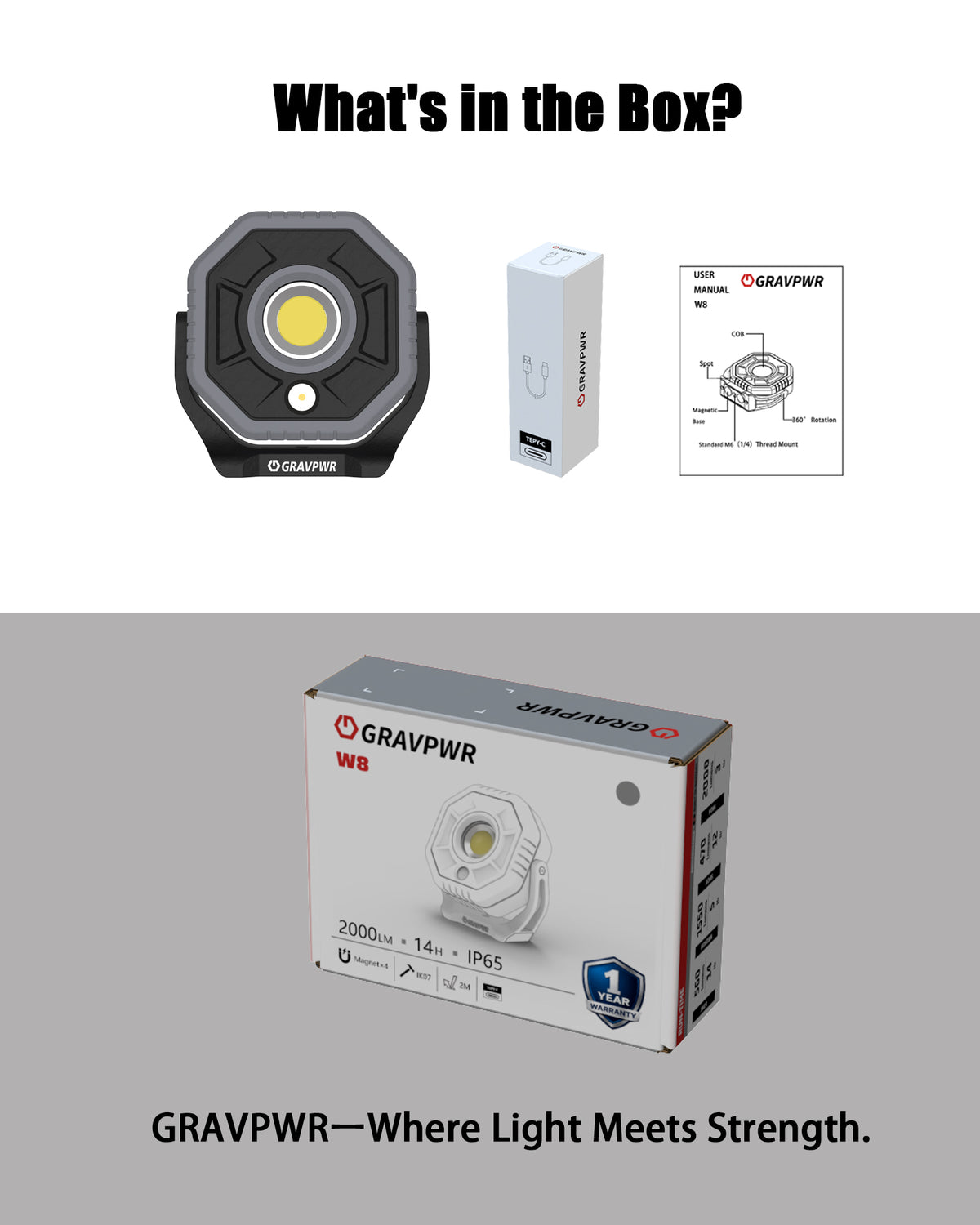 W8 Work Light,2000LM, LED Magnetic Light ,5200mAh Type-C , IP65 IK07